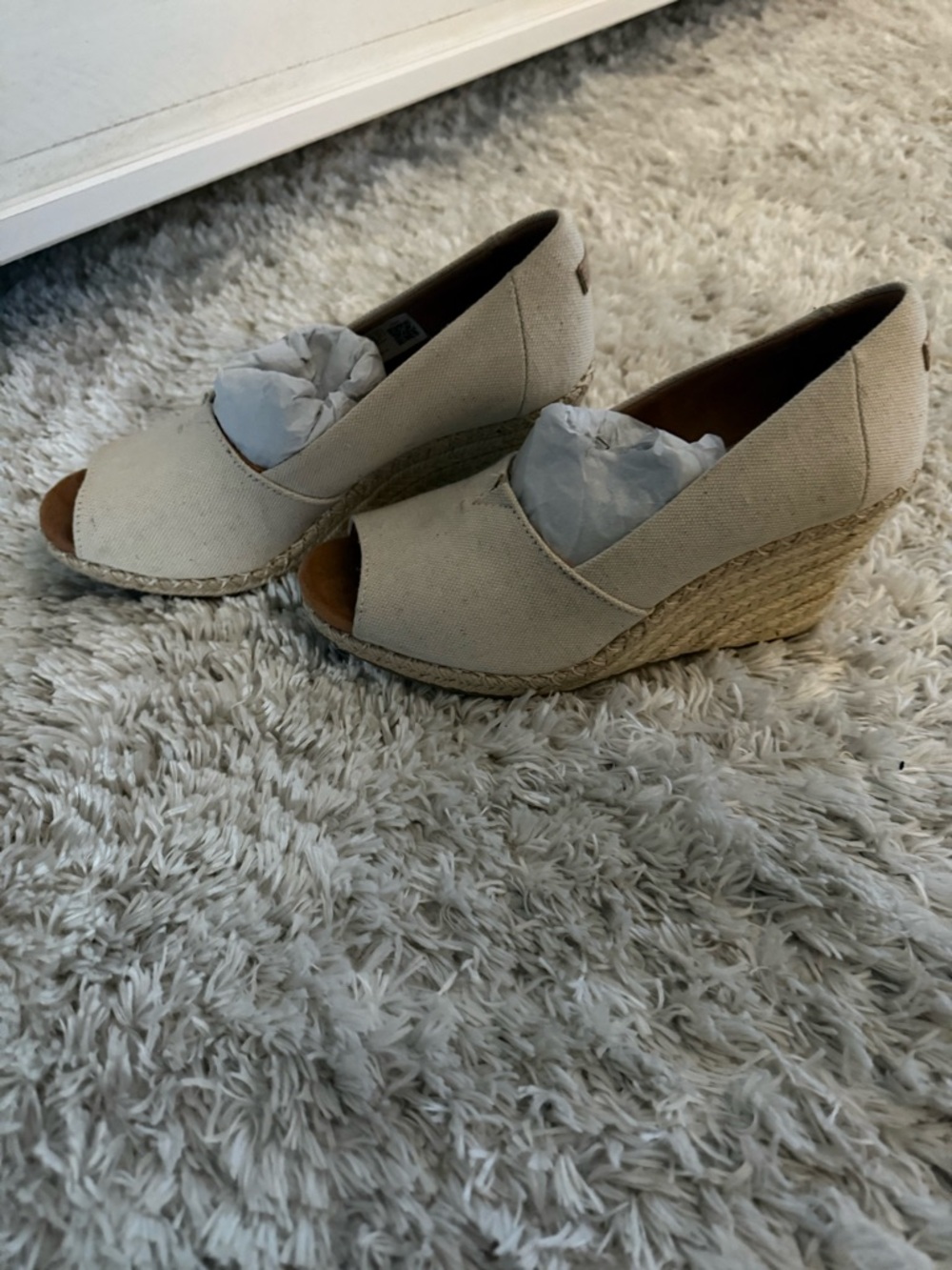 Toms Natural Canvas Peep-Toe Espadrille Wedges